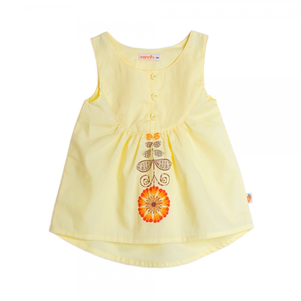 Áo vải bé gái sát nách xẻ trụ phối in họa tiết