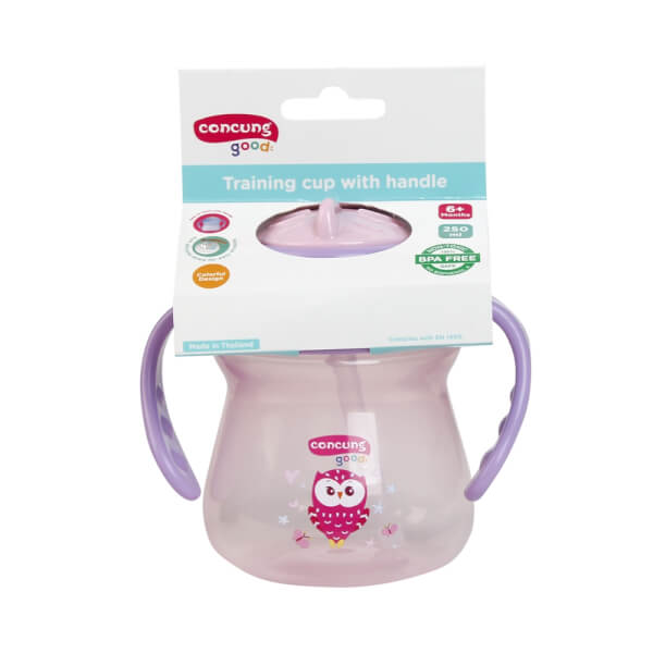 Bình tập uống ConCung Good nhựa PP ống hút silicone hai tay cầm (250ml,Hồng)