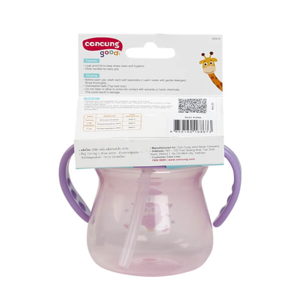 Bình tập uống ConCung Good nhựa PP ống hút silicone hai tay cầm (250ml,Hồng)