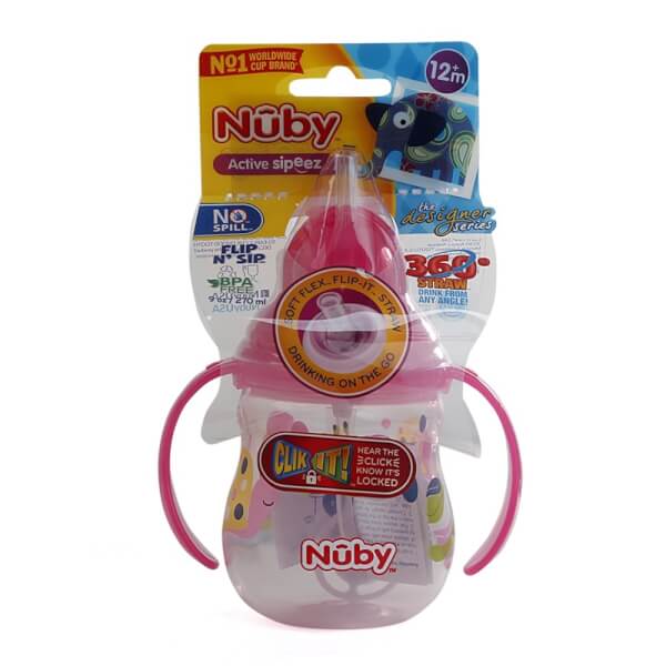 Bình uống nước ống hút Nuby, 2 tay cầm, dung tích 270ml Hồng