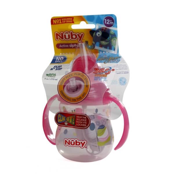 Bình uống nước ống hút Nuby, 2 tay cầm, dung tích 270ml Hồng