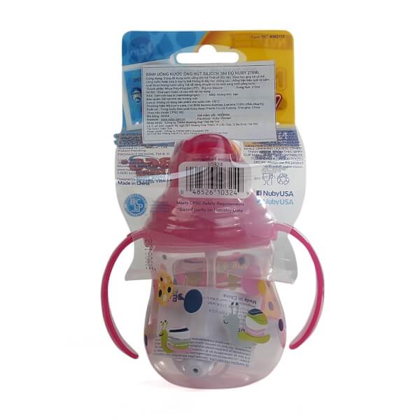 Bình uống nước ống hút Nuby, 2 tay cầm, dung tích 270ml Hồng