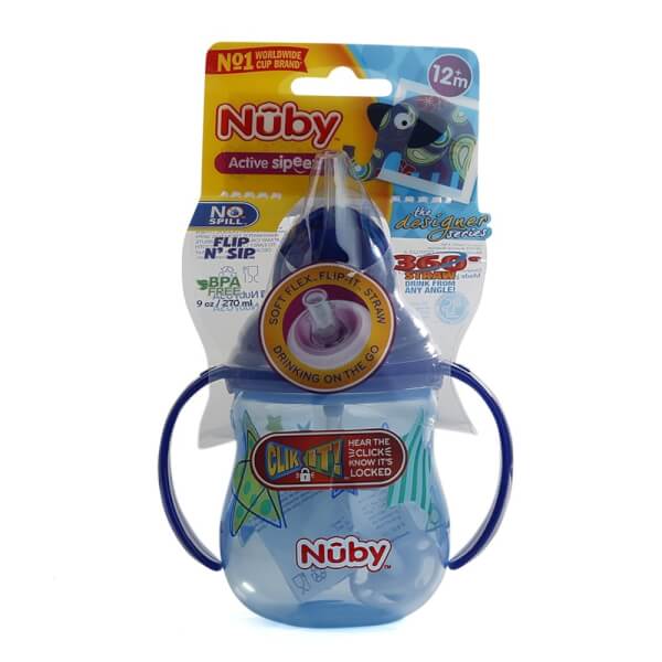 Bình uống nước ống hút Nuby, 2 tay cầm, dung tích 270ml Xanh dương