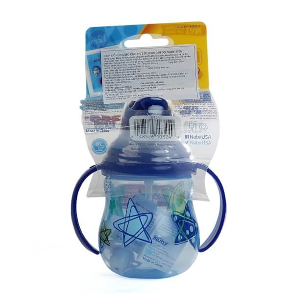 Bình uống nước ống hút Nuby, 2 tay cầm, dung tích 270ml Xanh dương
