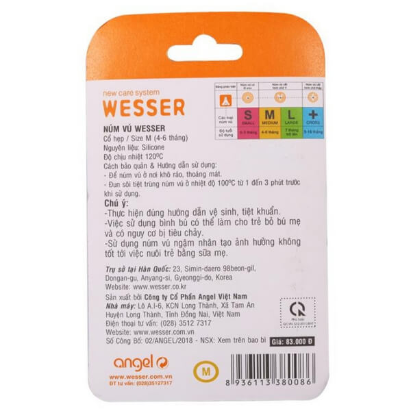 Vỉ 2 núm ty Wesser silicone cổ hẹp size M