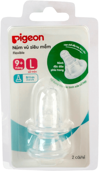 Núm ty thay bình sữa Pigeon cổ hẹp size L (9M+, lỗ tròn)