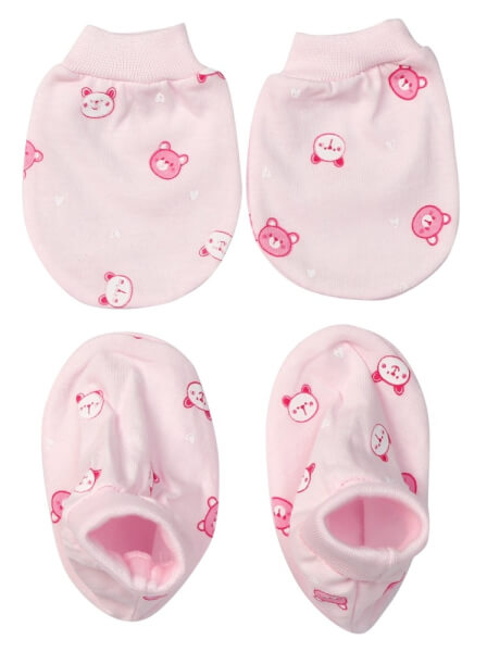 Bộ nón bao tay chân sơ sinh bo CF Hồng