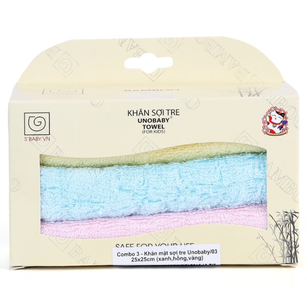 Combo 3 khăn sợi tre Unobaby 25x25cm (xanh, hồng, vàng)