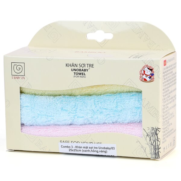 Combo 3 khăn sợi tre Unobaby 25x25cm (xanh, hồng, vàng)
