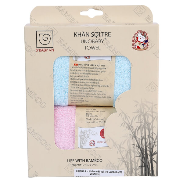 Khăn mặt sợi tre Unobaby 28x50 (1 hộp gồm 2 khăn)