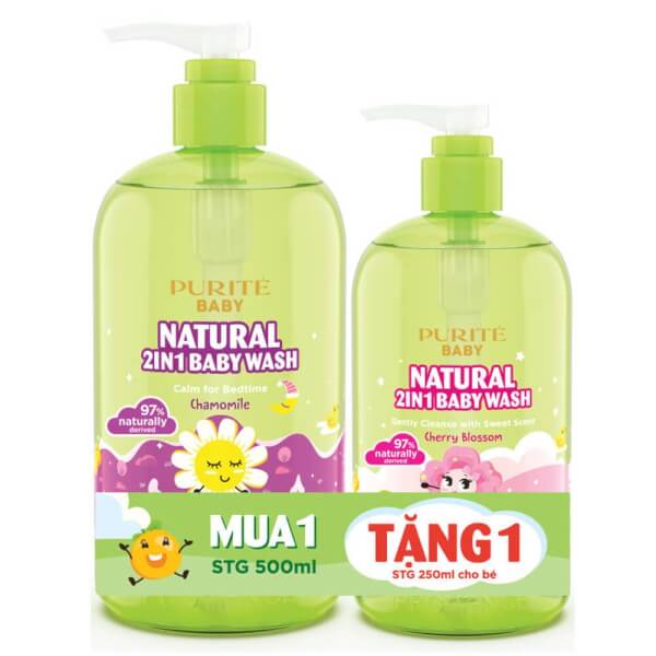 Combo Sữa Tắm Gội Thiên Nhiên Cúc La Mã Purité Baby 500ml và tắm gội Hoa Anh Đào 250ml