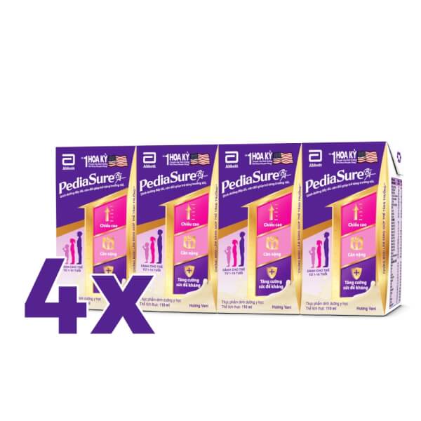 Combo 4 lốc Thực phẩm dinh dưỡng y học cho trẻ 1-10 tuổi: Pediasure hương vani (110ml) (Lốc 4)