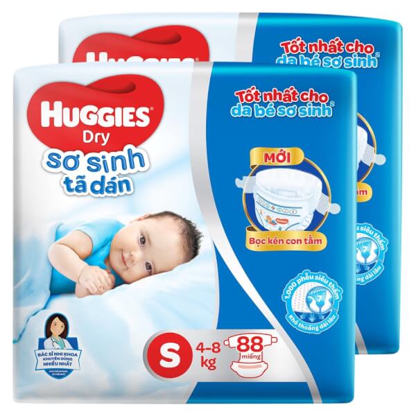 Combo 2 gói Bỉm tã dán sơ sinh Huggies Dry size S 88 miếng (4-8kg)