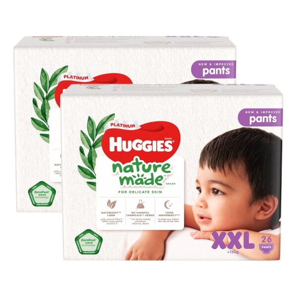Combo 2 gói Bỉm tã quần Huggies Platinum Nature Made size XXL 26 miếng (trên 15kg)