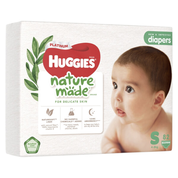 Combo 2 bỉm tã dán Huggies Platinum Nature Made size S 82 miếng (4-8kg)