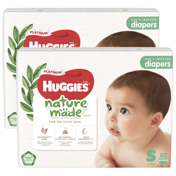 Combo 2 bỉm tã dán Huggies Platinum Nature Made size S 82 miếng (4-8kg)