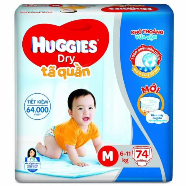 Bỉm tã quần Huggies Dry Pants (M, 6-11kg, 74 miếng) + 8 miếng