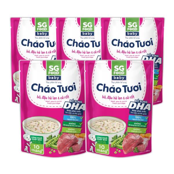 Combo 5 gói Cháo tươi Baby bò đậu hà lan cà rốt, SG Food, 10 tháng, 240g