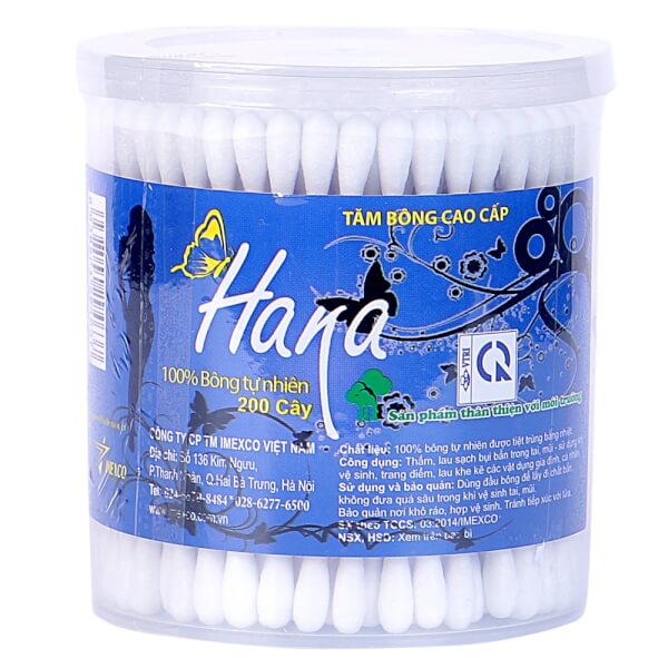 Tăm bông Hana hộp tròn lõi gỗ người lớn 200 chiếc