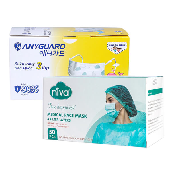 Combo 1 Khẩu trang em bé Anyguard (50 cái/hộp) và 1 Khẩu trang y tế NIVA 4 lớp SMS hộp 50 cái