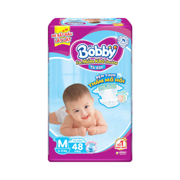 Bỉm tã dán Bobby siêu thấm size M 48 miếng (6-11kg)