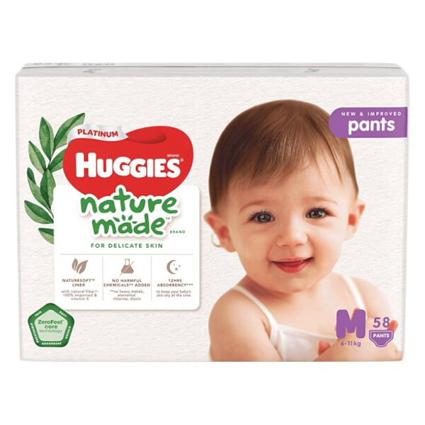 Combo 2 gói Bỉm tã quần Huggies Platinum Nature Made M size 58 miếng (6-11kg)