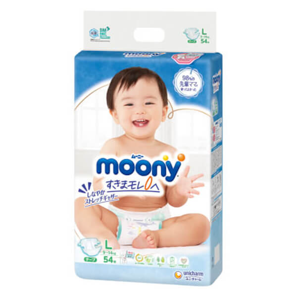 Bỉm tã dán Moony size L, 54 miếng (9-14kg) (giao bao bì ngẫu nhiên)