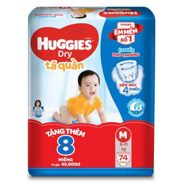 Bỉm tã quần Huggies Dry Pants (M, 6-11kg, 74 miếng) + 8 miếng