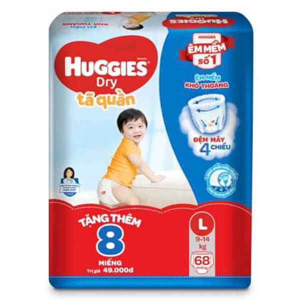 Tã quần Huggies Dry Pants gói cực đại (L, 9-14kg, 68 miếng) + 8 miếng
