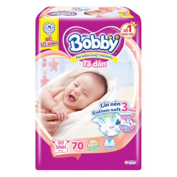 Tã dán Bobby siêu thấm - khô thoáng  (Sơ sinh, dưới 5kg, 70 miếng) (giao bao bì ngẫu nhiên)