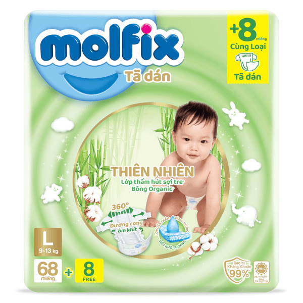Bỉm tã dán Molfix Thiên Nhiên (L, 9-13kg, 68 miếng) (giao bao bì ngẫu nhiên)