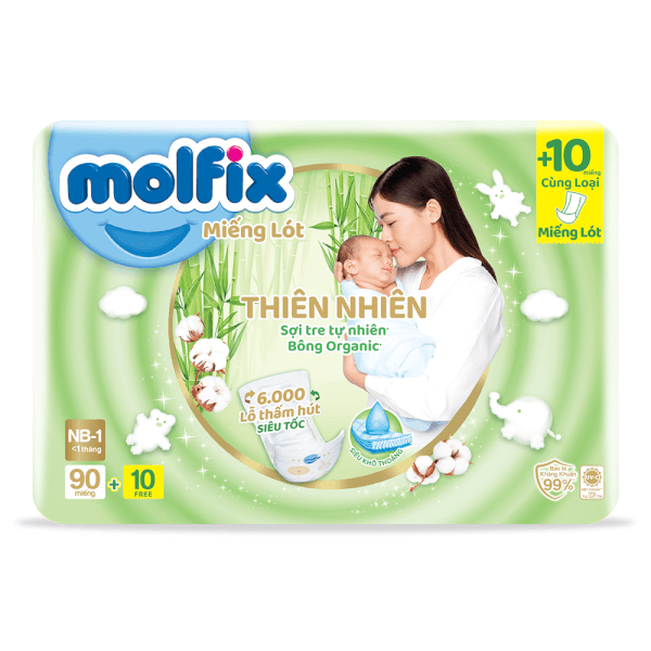 Miếng lót Molfix Thiên Nhiên (Newborn 1, < 1 tháng, 90 miếng + 10 miếng)