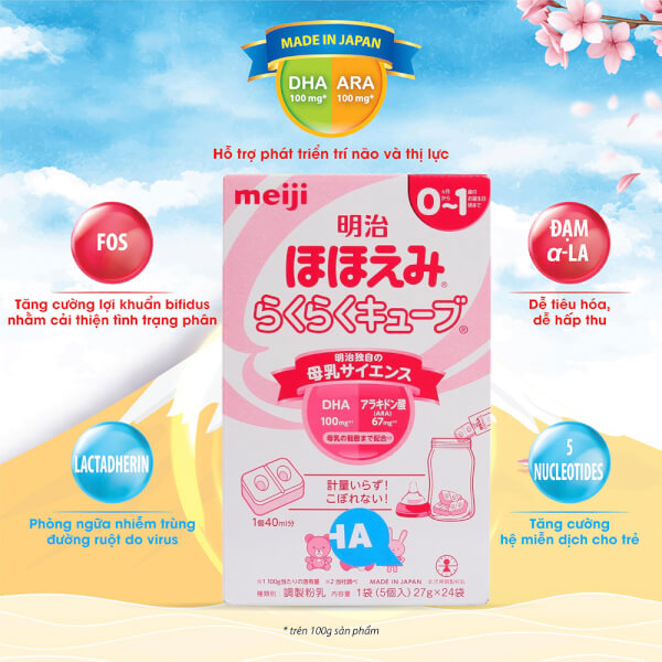 Sữa Meiji nội địa dạng thanh Hohoemi Raku Raku Cube 810g (0-1 tuổi)