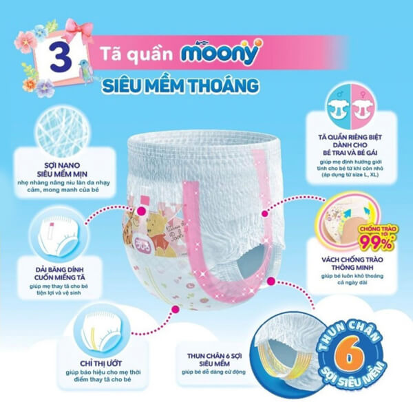 Tã quần Moony (XL - bé gái, 38 miếng) + 6 miếng