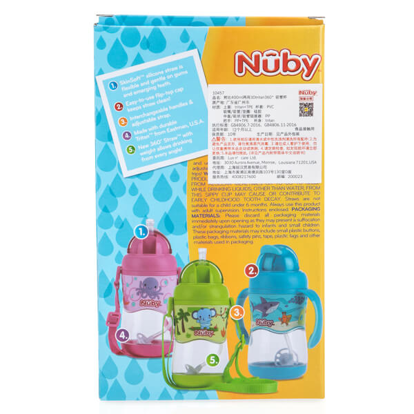 Bình uống nước Tritan Nuby hai tay cầm, 400ml (Hồng)