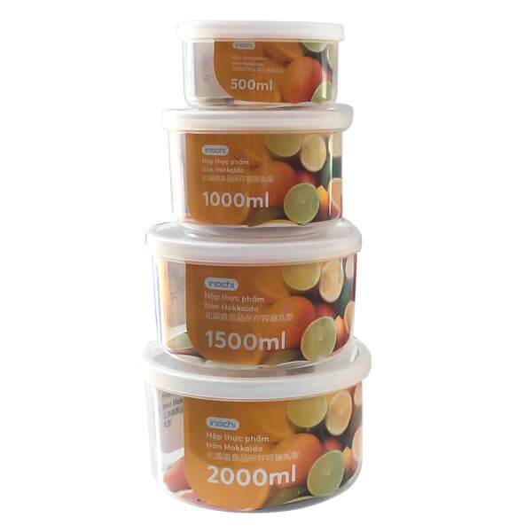 Bộ 4 hộp thực phẩm tròn Hokkaido 500, 1000, 1500, 2000ml (INC)