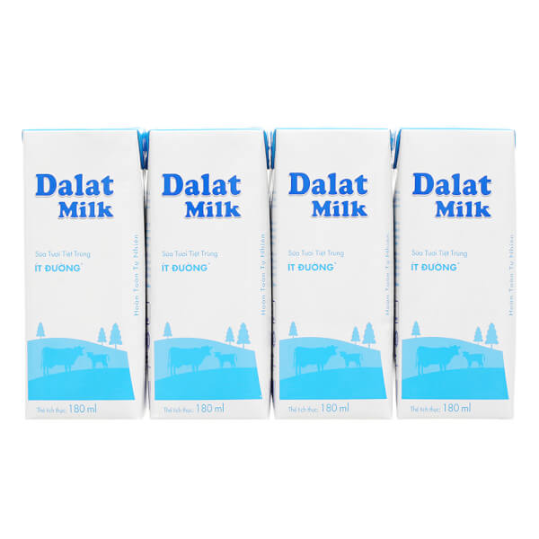 Combo 2 Sữa tươi tiệt trùng Dalat Milk ít đường 180ml (lốc 4 hộp)