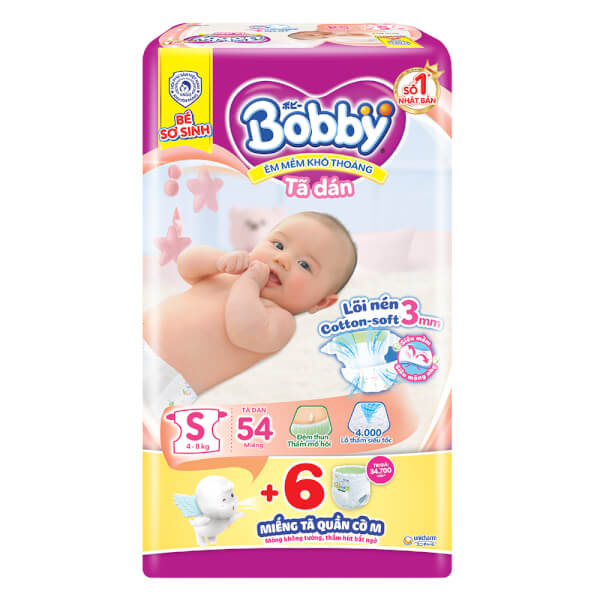 Tã dán Bobby siêu thấm - khô thoáng (S, 4-8kg, 54 miếng) + 6 miếng Tã quần Bobby cỡ M