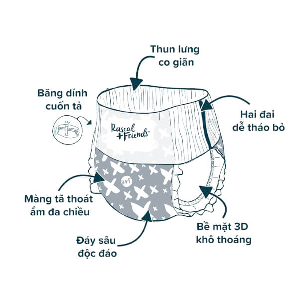 Tã quần Rascal + Friends (L, 10-15kg, 52 miếng)