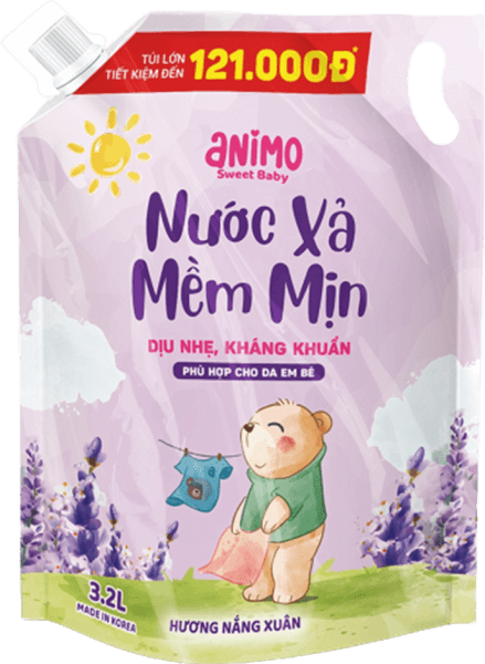 Combo 1 Nước xả dịu nhẹ kháng khuẩn lưu hương Animo hương Nắng Xuân 3.2L (Tím) và 1 Nước giặt cho bé Animo hương làn gió mùa hè chai 2,8L