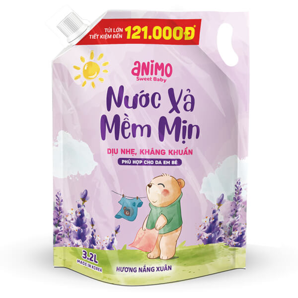 Combo 1 Nước xả dịu nhẹ kháng khuẩn lưu hương Animo hương Nắng Xuân 3.2L (Tím) và 1 Nước giặt cho bé Animo hương làn gió mùa hè chai 2,8L