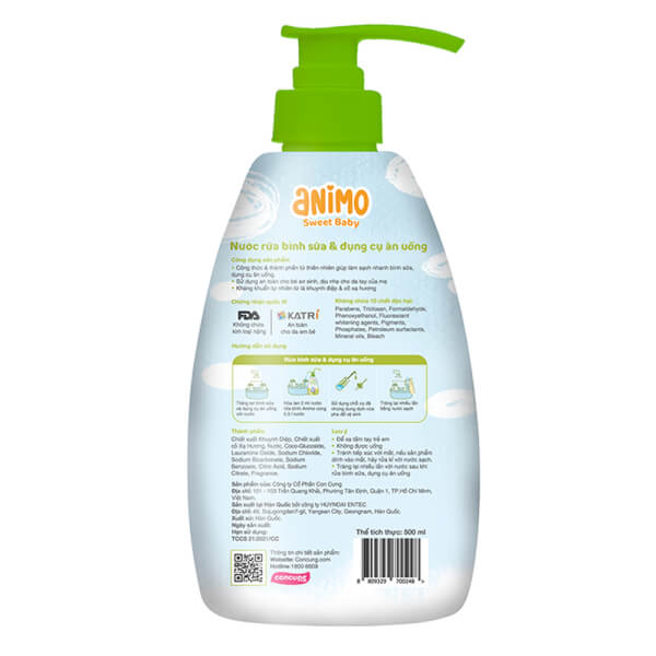 Combo 2 Nước rửa bình sữa Animo chai 500ml (Xanh da trời)