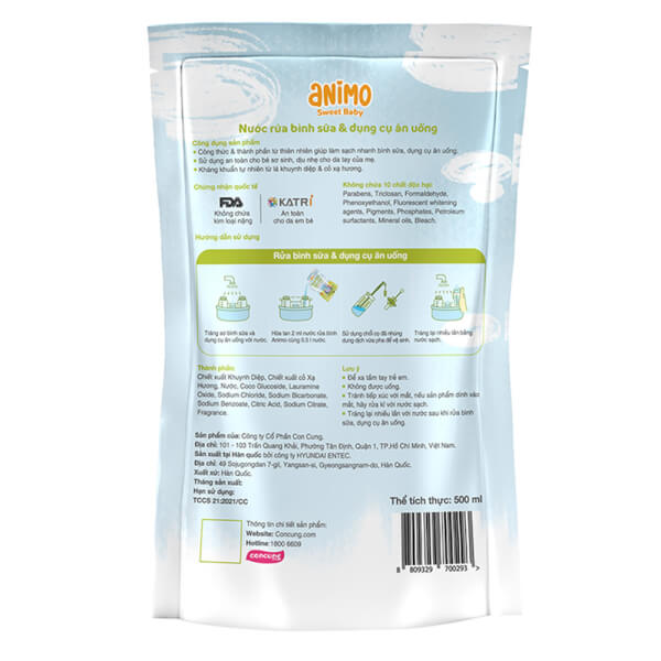 Combo 2 Nước rửa bình sữa Animo túi 500ml (Xanh da trời)