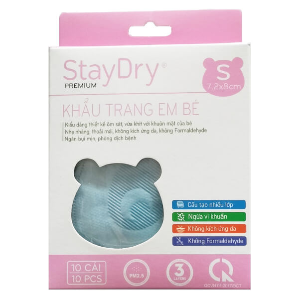 Combo 2 Khẩu trang trẻ em StayDry Size S - Xanh