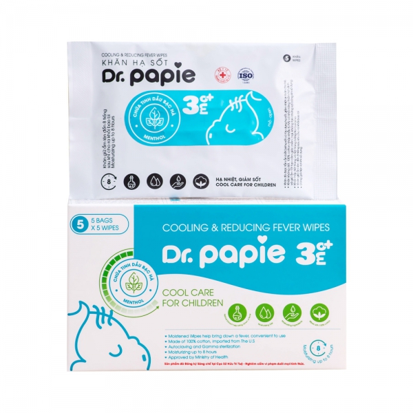 Khăn lau hạ sốt Dr.Papie 5 tờ cho bé 3M+