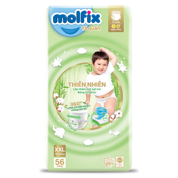 Combo 4 Tã quần Molfix Thiên Nhiên (XXL, 15 - 25kg, 56 miếng) (giao bao bì ngẫu nhiên)