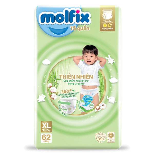 Tã quần Molfix thiên nhiên (XL, 12-17kg, 62 miếng) (giao bao bì ngẫu nhiên)