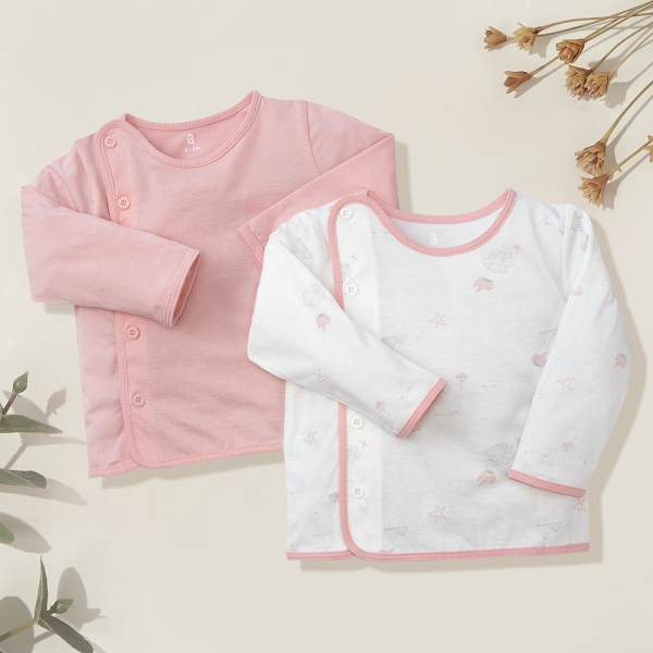 Cặp áo sơ sinh cài chéo tay dài Animo DT622002 (NB-12M,Hồng nhạt_Trắng)