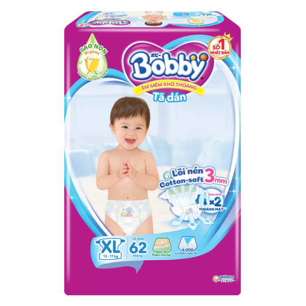 Combo 2 gói Bỉm tã dán Bobby siêu thấm size XL 62 miếng (12-17kg)