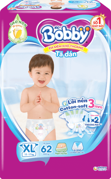 Bỉm tã dán Bobby siêu thấm size XL 62 miếng (12-17kg) (giao bao bì ngẫu nhiên)